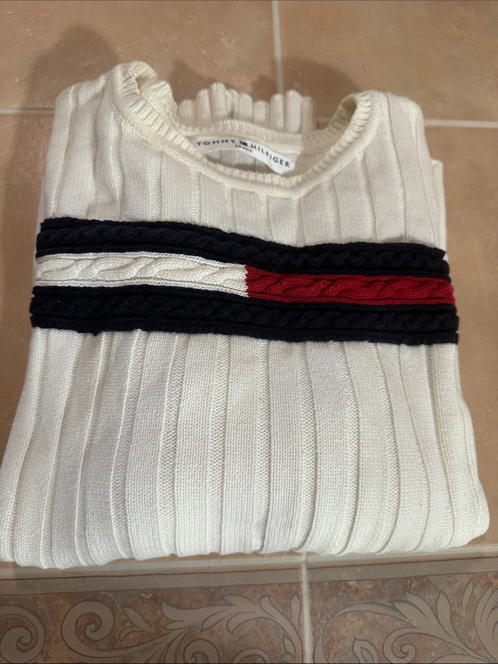 VTG Tommy Hilfiger White Ribbed Crewneck Sweater with Navy and Red Trim